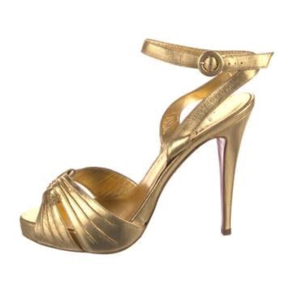 Christian Louboutin Gold Leather Cutout Accent Sandals SZ 37.5 - Picture 1 of 6